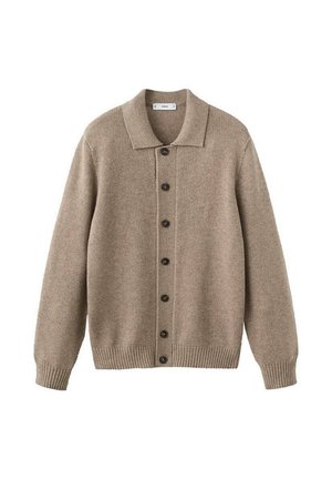 Beige strikket cardigan med krave, knaplukning foran, ribstrikkede manchetter og kant. Har seks mørke knapper og et struktureret stof.