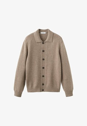 Cardigan beige en maille avec col, fermeture à boutons, poignets et ourlet côtelés. Comprend six boutons foncés et un tissu texturé.