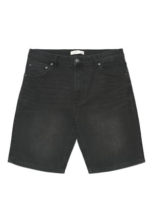 Pantaloncini in denim nero con chiusura a bottone e cerniera, design a cinque tasche e passanti per cintura, mostrati distesi su sfondo bianco.