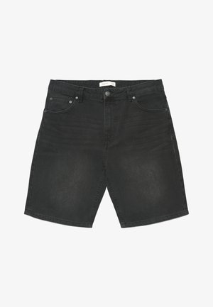 Pantaloncini in denim nero con chiusura a bottone e cerniera, design a cinque tasche e passanti per cintura, mostrati distesi su sfondo bianco.