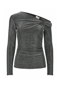 Metallisk svart langermet topp med asymmetrisk halslinning, vridd detalj på skulderen og mykt, strukturert stoff med glans.