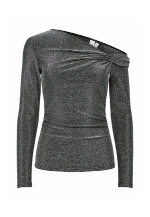 Metalen zwarte top met lange mouwen, een asymmetrische halslijn, een gedraaide detail op de schouder en zachte, gestructureerde stof met glans.