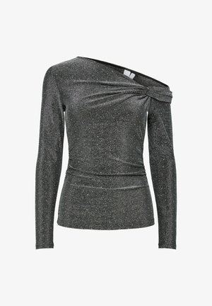 Metalen zwarte top met lange mouwen, een asymmetrische halslijn, een gedraaide detail op de schouder en zachte, gestructureerde stof met glans.