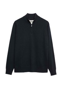 Maglione lavorato a maglia nera con un collo a zip, colletto e polsini a coste. Texture liscia senza motivi o accenti aggiuntivi.