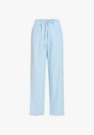 Pantalon ample bleu clair avec taille élastique et cordon ajustable, coupe droite, adapté pour une tenue décontractée.