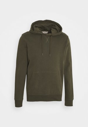 Felpa verde oliva a manica lunga con tasca frontale a marsupio, cappuccio con coulisse regolabile e polsini e orlo a coste.