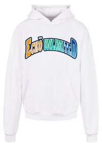 Felpa bianca con cappuccio e tasca frontale, caratterizzata da un logo curvo "Eckō UNLIMITED" multicolore in arancione, verde, blu e nero.