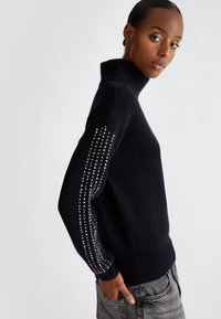 Maglione a collo alto nero a coste con decorazioni in cristallo lungo le maniche. Il tessuto sembra morbido, con una silhouette aderente e un colletto alto.