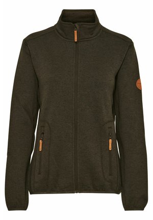 Dark gray, zip-up fleece jacket with high collar. Features two zippered side pockets and a leather accent on the sleeve. Soft texture.