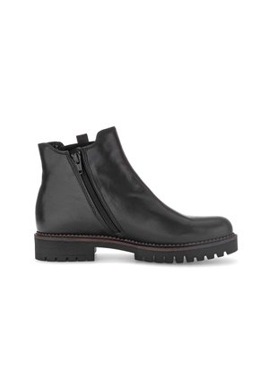 Black leather ankle boot with side zipper, round toe, low heel, and thick treaded sole, shown from the outer side on white background.
