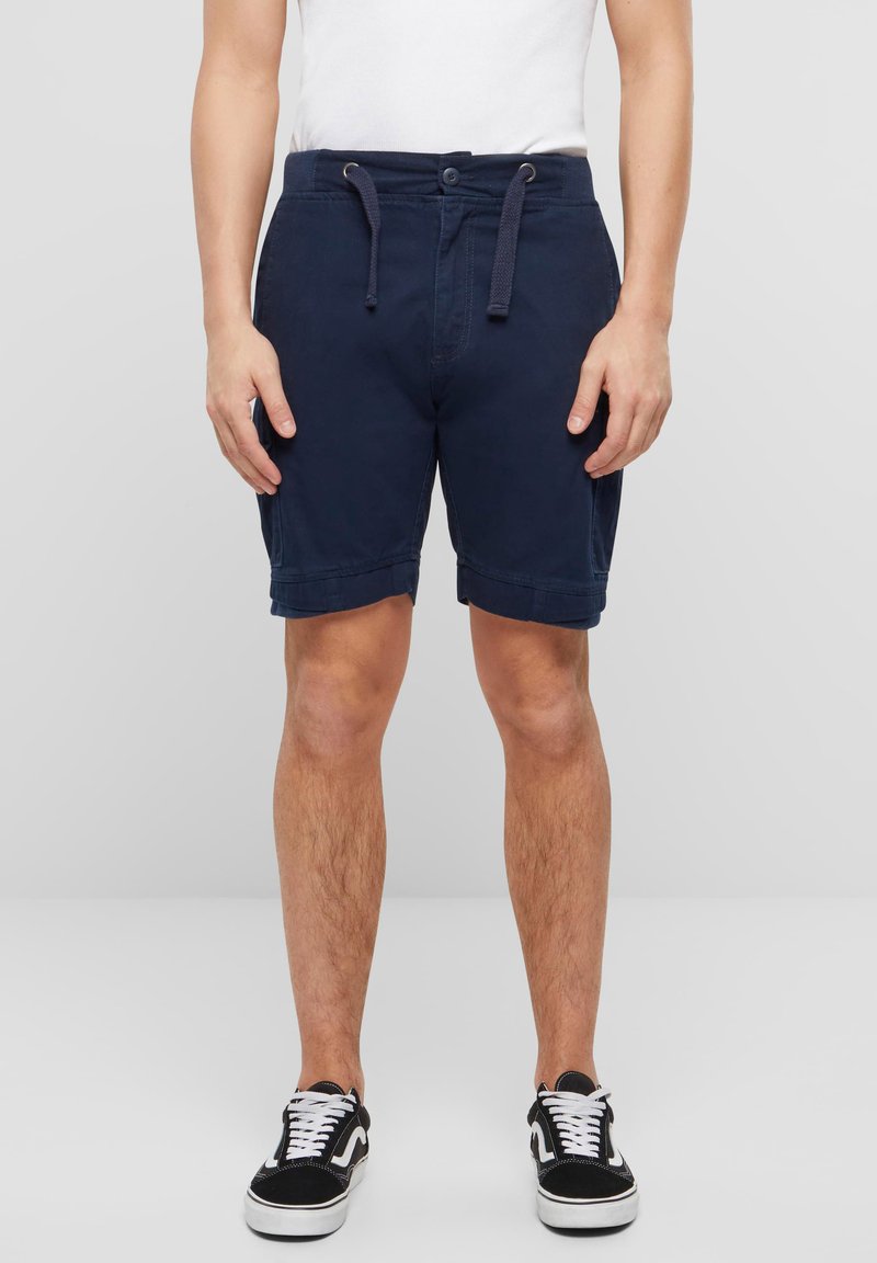 Shorts bleumarin cu talie ajustabilă, cu tiv rulat și buzunare laterale. Fabricate din bumbac, cu o textură netedă și ușoară.