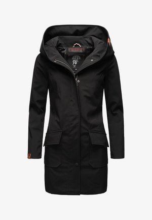 Veste imperméable noire avec capuche, fermeture éclair et boutons-pression, deux poches avant, et accents en cuir sur les manches. Texture lisse.