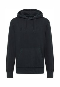 Sort hættetrøje med kængurulomme, ribbede manchetter og snørehætte. Har et præget "MUSTANG"-logo på fronten. Blød stoftekstur.