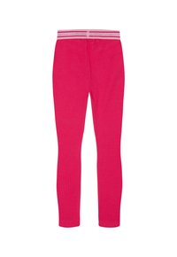 Leggings roses à côtes avec un design ajusté, taille élastique ornée d'accents gris et roses, se rétrécissant jusqu'à la cheville.