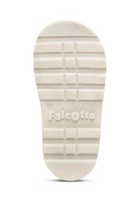 Sole di scarpa per bambini bianco sporco con scanalature orizzontali, motivi quadrati in rilievo e nome del marchio "Falcotto" impresso vicino al tallone.
