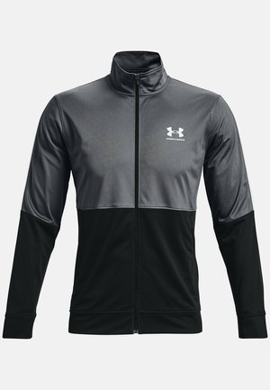 Herren-Sportjacke mit durchgehendem Reißverschluss, hohem Kragen, zweifarbigem Grau-Schwarz-Design und weißem Under Armour-Logo auf der linken Brust.