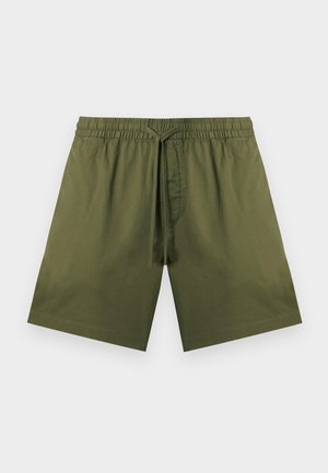 Olívazöld, hétköznapi nadrág rövidnadrág elasztikus derékpánttal és állítható húzózsinórral, térdig érő, sima elülső, könnyű anyagból.