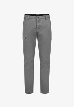 Graue Cargo-Hosen mit Knopfverschluss, Seitentasche und einer glatten, matten Oberfläche. Entworfen für lässige Outfits mit einem geraden Schnitt.