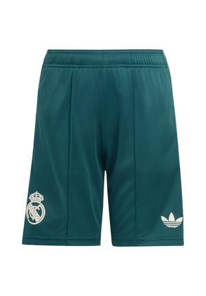 Deux jeunes joueurs de football debout, portant des maillots verts du Real Madrid, des shorts assortis, des chaussettes hautes et des chaussures noires avec des accents rouges.