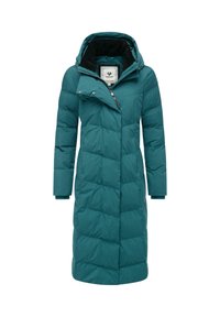 Tirkīza siltināta jaka ar kapuci, kurai ir teksturēts, piepildīts dizains, priekšējais rāvējslēdzis un spriegojums. Mīksta iekšējā odere siltuma saglabāšanai.