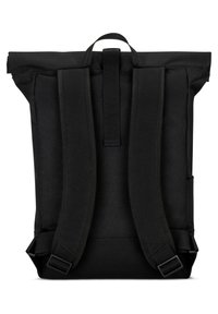 Black backpack with padded straps, top carrying handle, and roll-top closure viewed from the back on a white background.