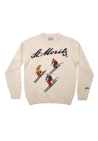 Cremekleurige gebreide trui met een skimotief van vier skiërs in felle kleuren. Logo "St. Moritz" opvallend afgebeeld over de borst.