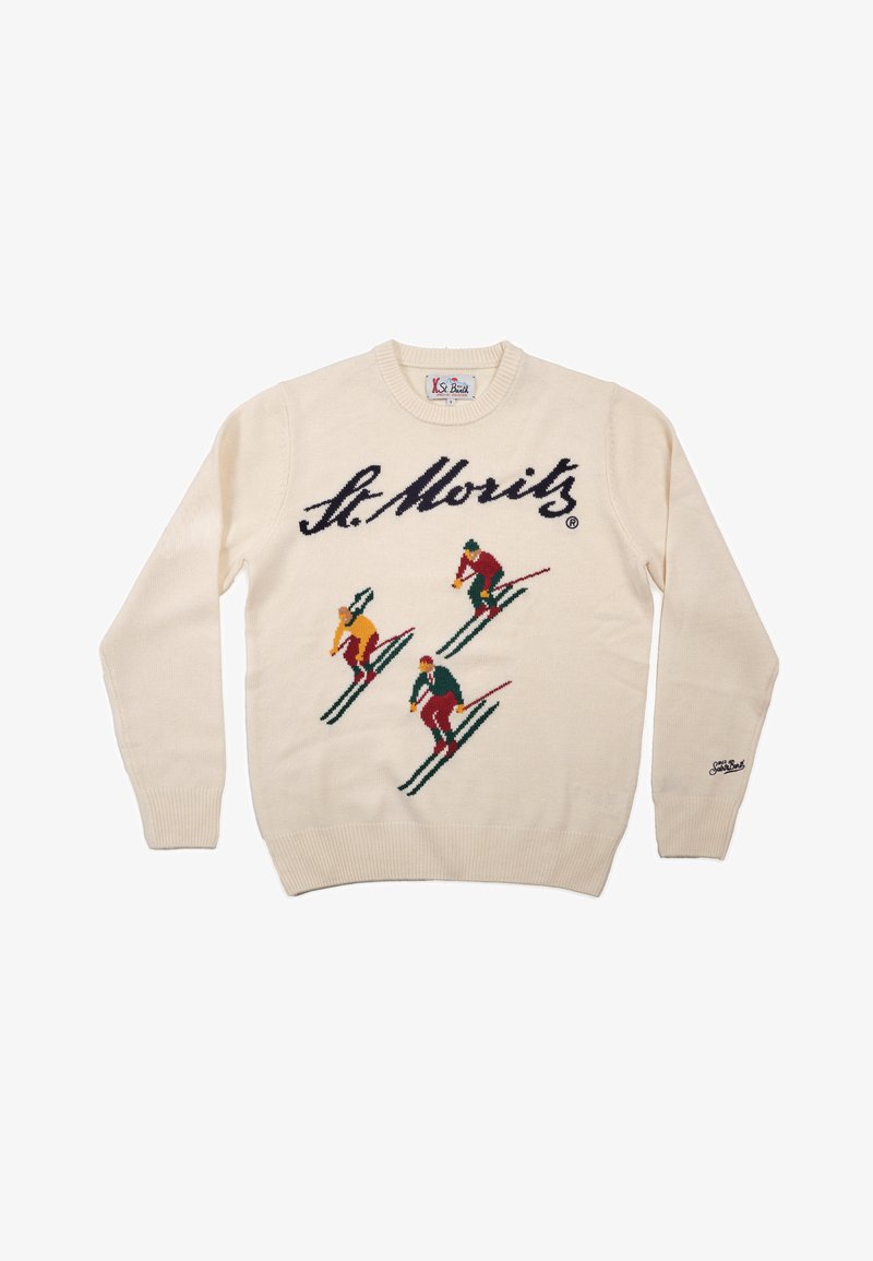 Cremekleurige gebreide trui met een skimotief van vier skiërs in felle kleuren. Logo "St. Moritz" opvallend afgebeeld over de borst.
