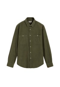 Camisa de manga larga verde oliva, hecha de tejido texturizado, con un cierre frontal de botones, dos bolsillos en el pecho y un collar.