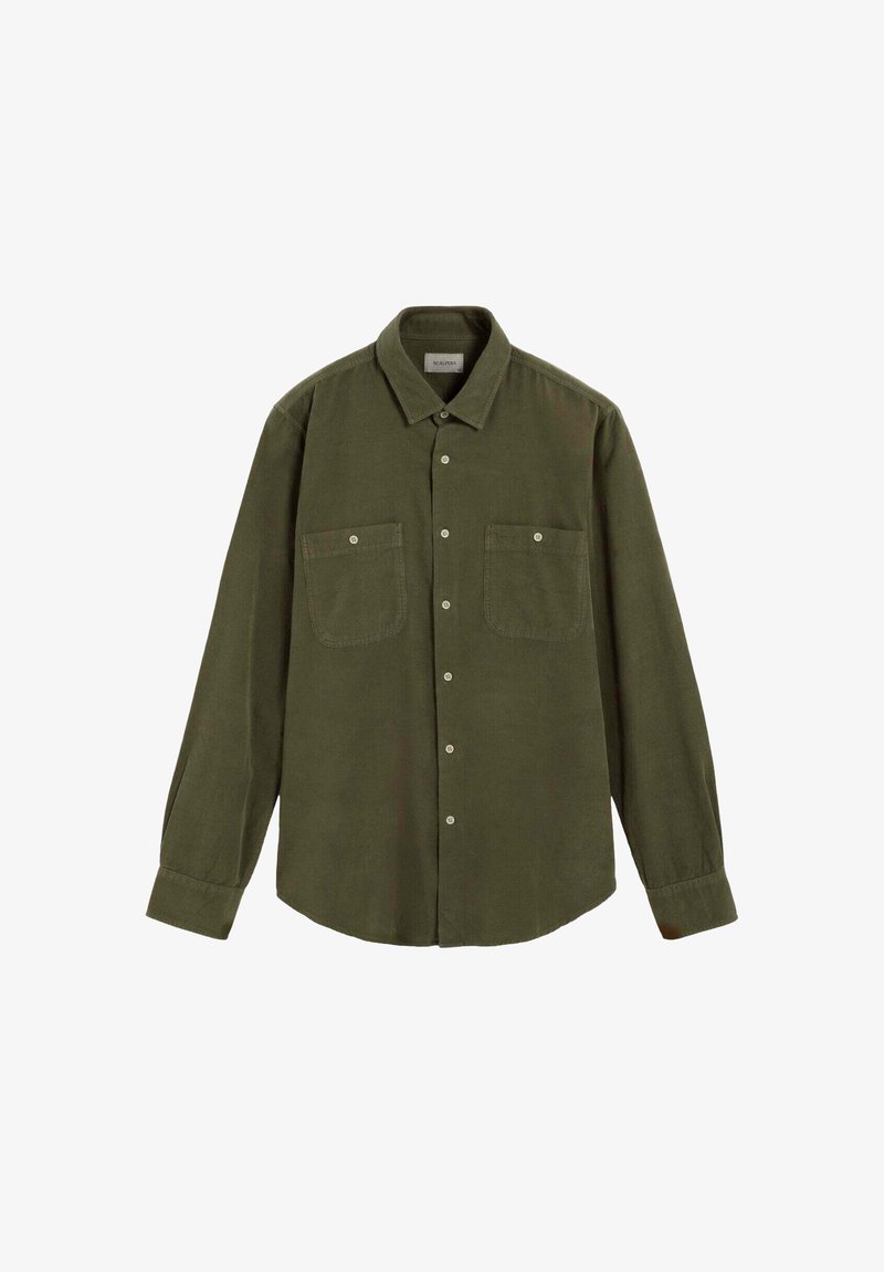 Olivgrünes Langarmhemd aus strukturiertem Stoff, mit Knopfleiste, zwei Brusttaschen und einem Kragen.