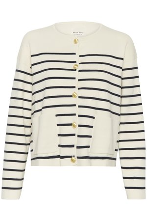 Prugasta kardigan u krem boji s mornarskim linijama, izrađena od mekog materijala, s zlatnim dugmadi, dva prednja džepa i okruglim izrezom.