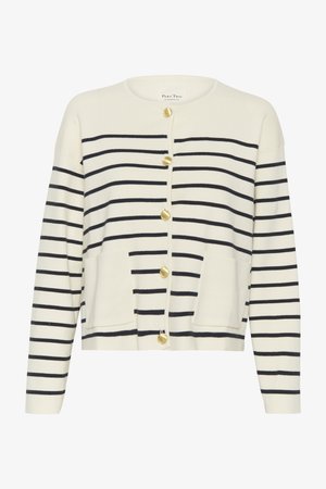 Prugasta kardigan u krem boji s mornarskim linijama, izrađena od mekog materijala, s zlatnim dugmadi, dva prednja džepa i okruglim izrezom.