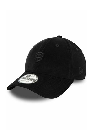 Black adjustable baseball cap with curved brim and subtle embroidered logo on the front and side.