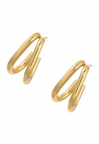 Pendientes de aro de metal dorado con un diseño trenzado, que exhiben una superficie suave y reflectante, así como una forma fluida. Adecuados para diversos estilos.
