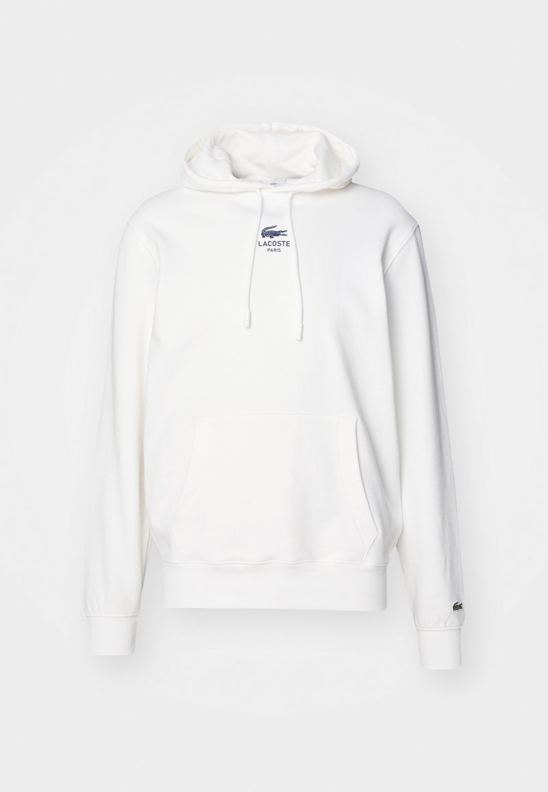 Sweat à capuche blanc Lacoste avec poche avant, capuche à cordon et petit logo sur la poitrine et le bord de la manche.