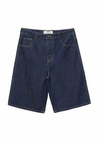 Denim shorts, dark blue, featuring a straight leg design, top button and zipper closure, and five pockets with visible stitching.