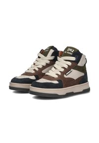 Hoge sneakers met een mix van bruin, marineblauw en olijfgroen suede en leer, met witte veters en een gestructureerde rubberen zool.