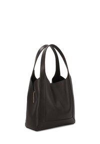 Sort læder tote taske med glat tekstur, aflange ovale håndtag og en diskret lynlåslomme detalje på siden. Minimalistisk design.