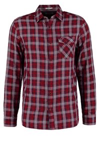 Camicia a maniche lunghe a quadri rossi e grigi con chiusura a bottoni e taschino sul petto. Realizzata in cotone, presenta un colletto e un motivo a scacchi.
