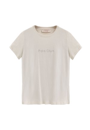 T-shirt in cotone beige chiaro con maniche corte e scollatura rotonda. Testo "Polo Club" in delicata decorazione sul petto. Texture morbida.