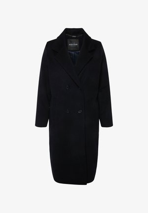 Navy dubbelzijdige jas met notch-kraag, twee voorzakken en een gladde textuur. Voorzien van knopen en een gevoerde binnenzijde voor warmte.