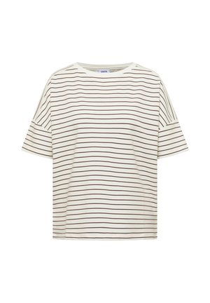 Chemise à manches courtes, de couleur crème, avec de fines rayures horizontales marron et un col rond.