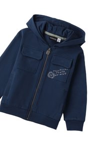 Sudadera azul marino con cremallera frontal, dos bolsillos en el pecho, puños de canalé y un estampado de logo que dice "TROPICAL STATE OF MIND."