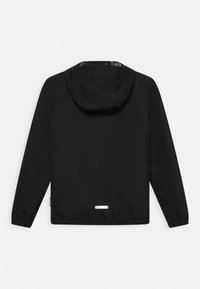 Black jacket with a hood and elastic cuffs, featuring a reflective accent at the hem and a smooth, matte texture. Plain design.