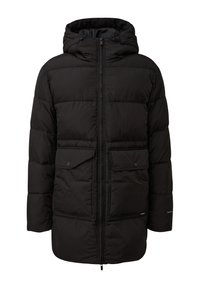 Čierna páperová bunda so zipsom vpredu, kapucňou a dvoma veľkými vreckami s klopou. Prešívaný dizajn a štruktúrovaná tkanina na teplo a izoláciu.