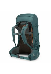 Teal rugzak met een gestructureerd ontwerp, een gevoerde mesh achterkant, verstelbare schouderbanden en een ritscompartiment. Heeft duurzame stof en ergonomische accenten.