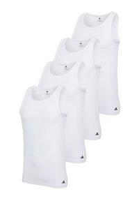 Four white athletic tank tops made of smooth fabric, featuring round necklines and black logo accents near the hem.