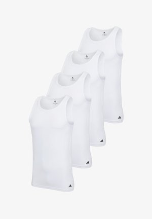 Vier weiße Sport-Tanktops aus glattem Stoff, mit runden Ausschnitten und schwarzen Logo-Akzenten nahe dem Saum.