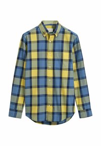 Button-up-Shirt mit einem karierten Muster in Blau, Gelb und Grün. Hergestellt aus einem weichen Stoff mit einer Tasche auf der linken Brust.