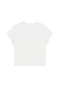 T-shirt bianco cropped con maniche corte e scollatura rotonda. Texture liscia con dettagli di cucitura minimi sul retro.