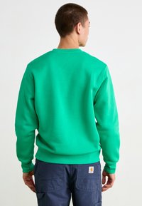 Felpa verde a girocollo con maniche lunghe, realizzata in materiale morbido. Presenta un colletto e polsini a costine. Indossata sopra pantaloni blu.